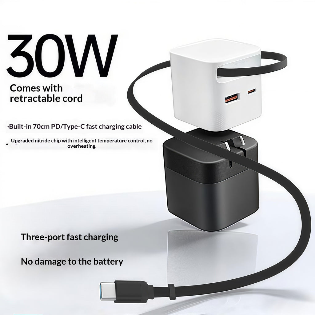 30W GaN Retractable Fast Charger Multi-Port